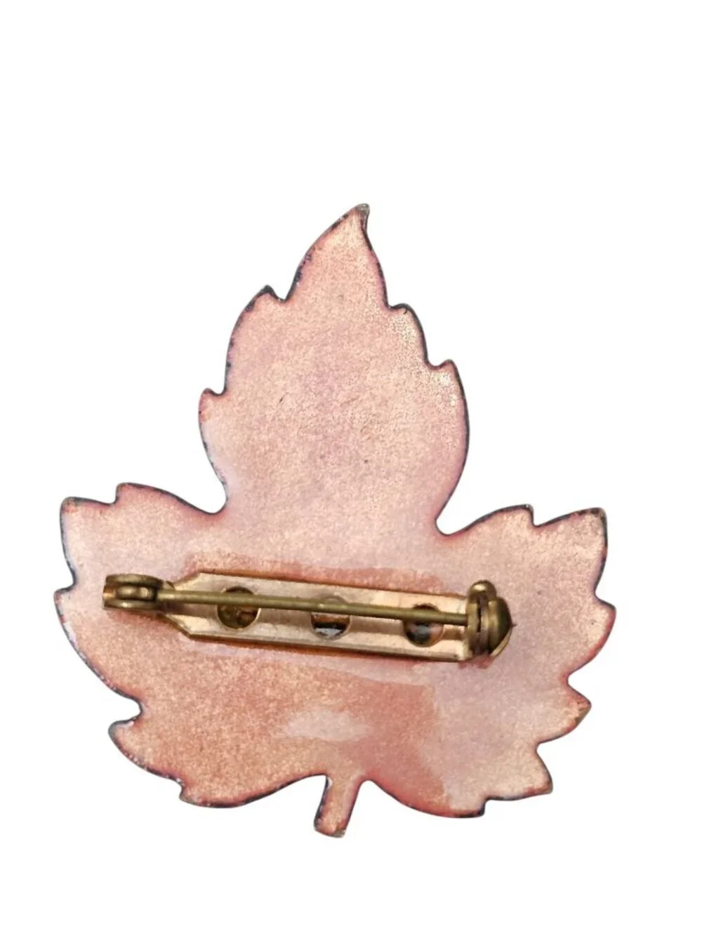 Vintage Enamel Copper Maple Leaf Brooch Pin Green Brown Handcrafted Art Jewelry